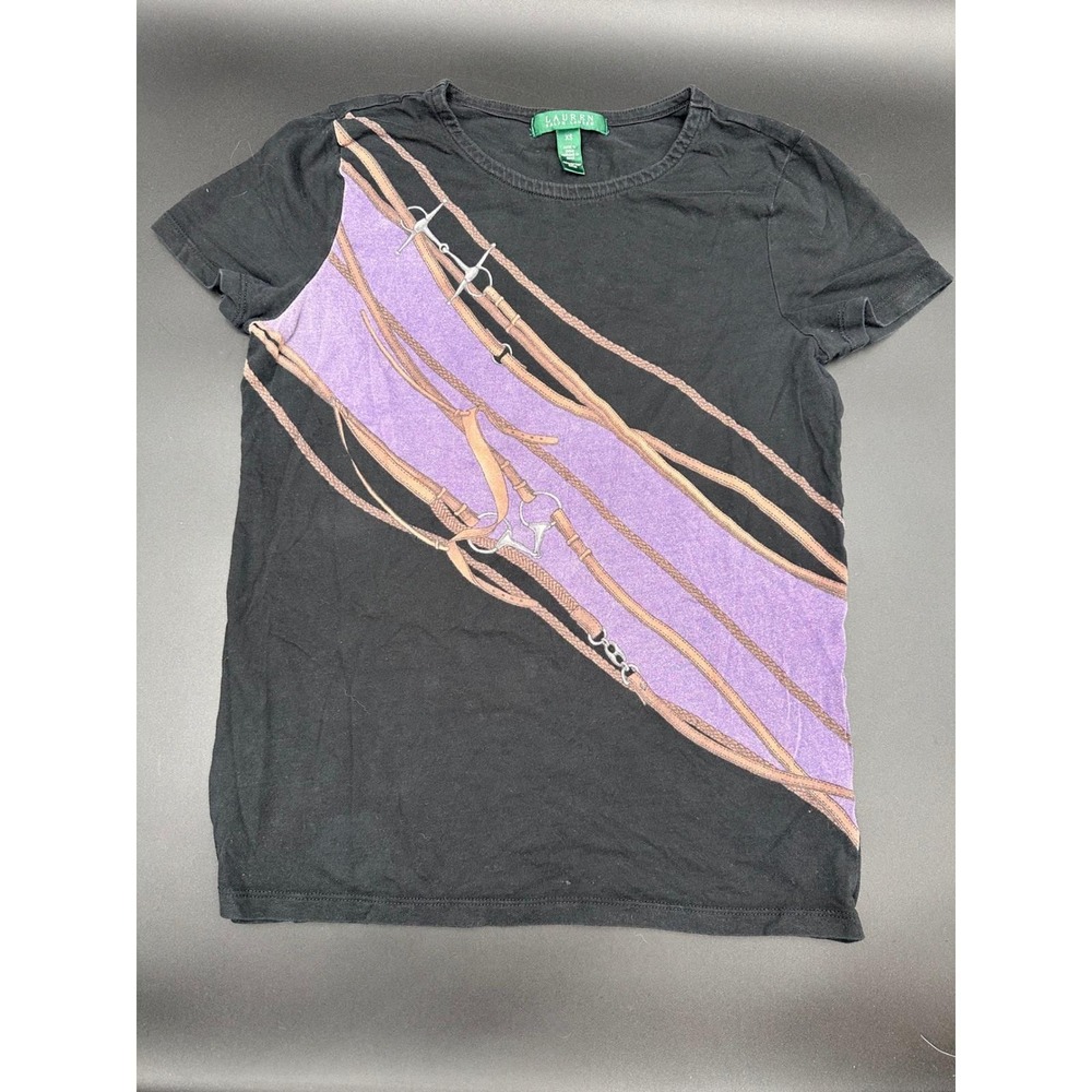 Lauren Ralph Lauren Womens T Shirt XS Black Equestrian Grunge Faded‎ Top